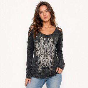 Maurices Silver Top Large Black Mineral Wash Crochet Lace Scroll Rhinestone L
